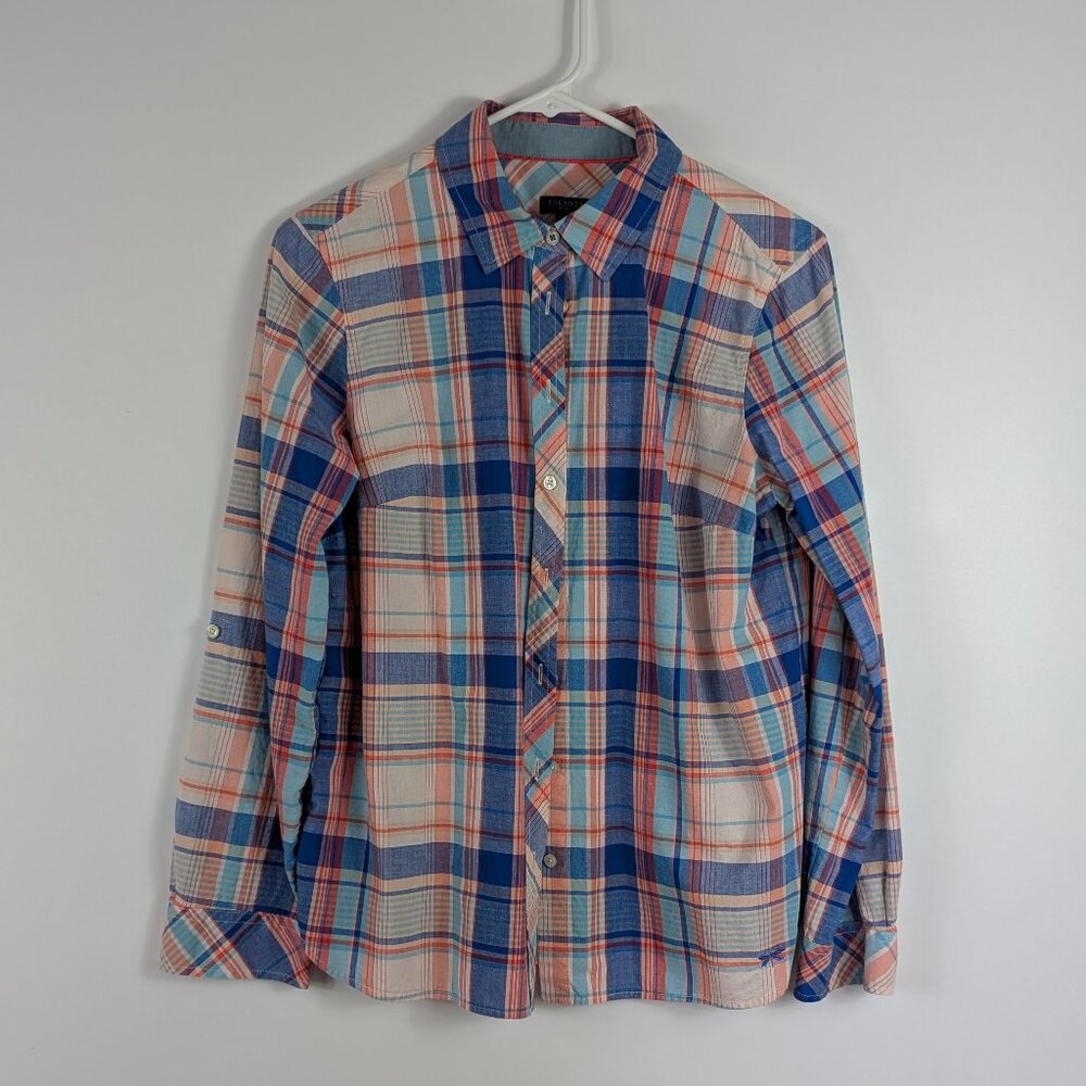 Talbots Petites Plaid Dragon Fly Roll Tab Long Sleeve Button Down Cotton Shirt